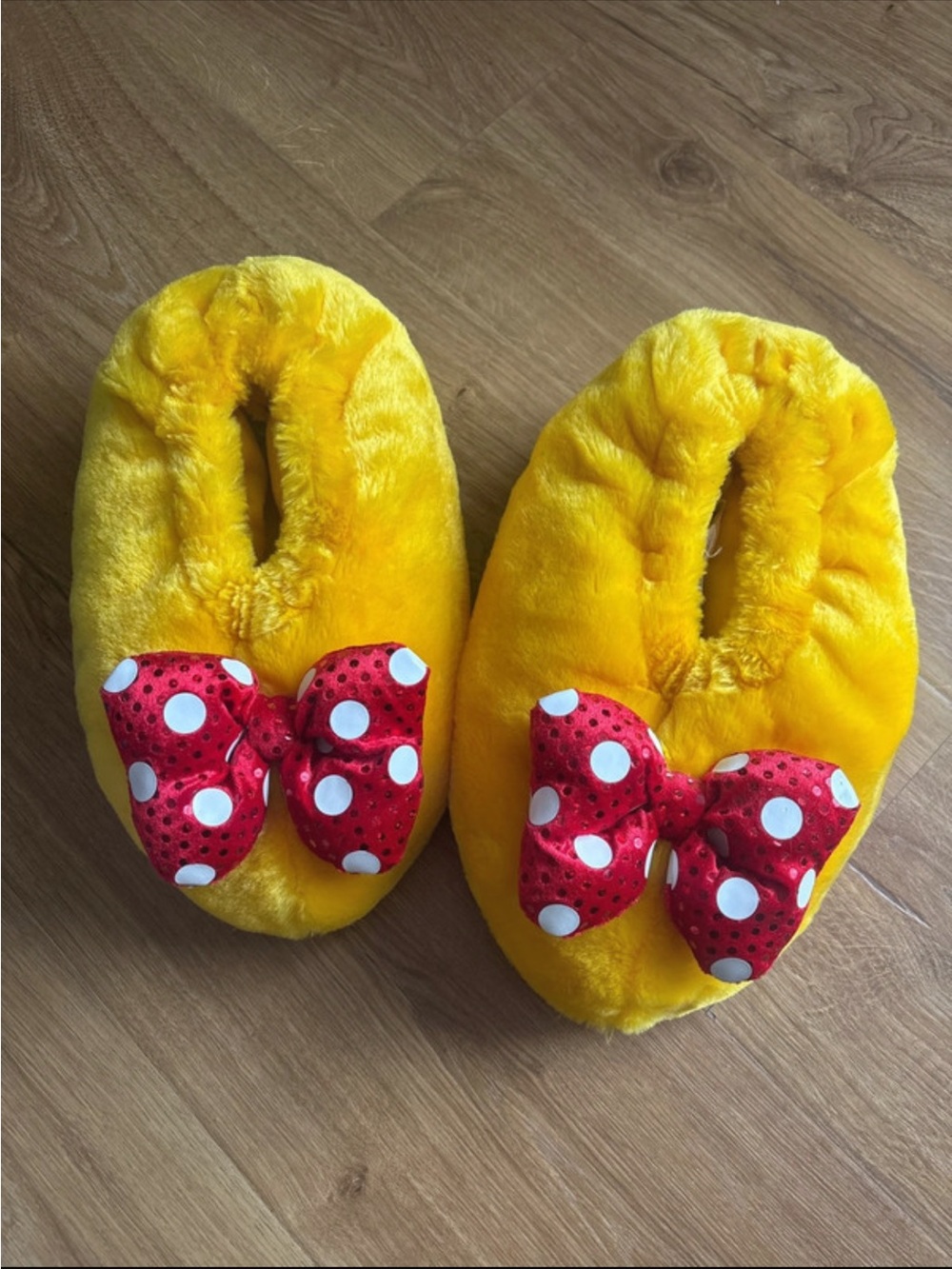 Adult Yellow Plush One-Piece Slippers with Red Polka Dot Bow